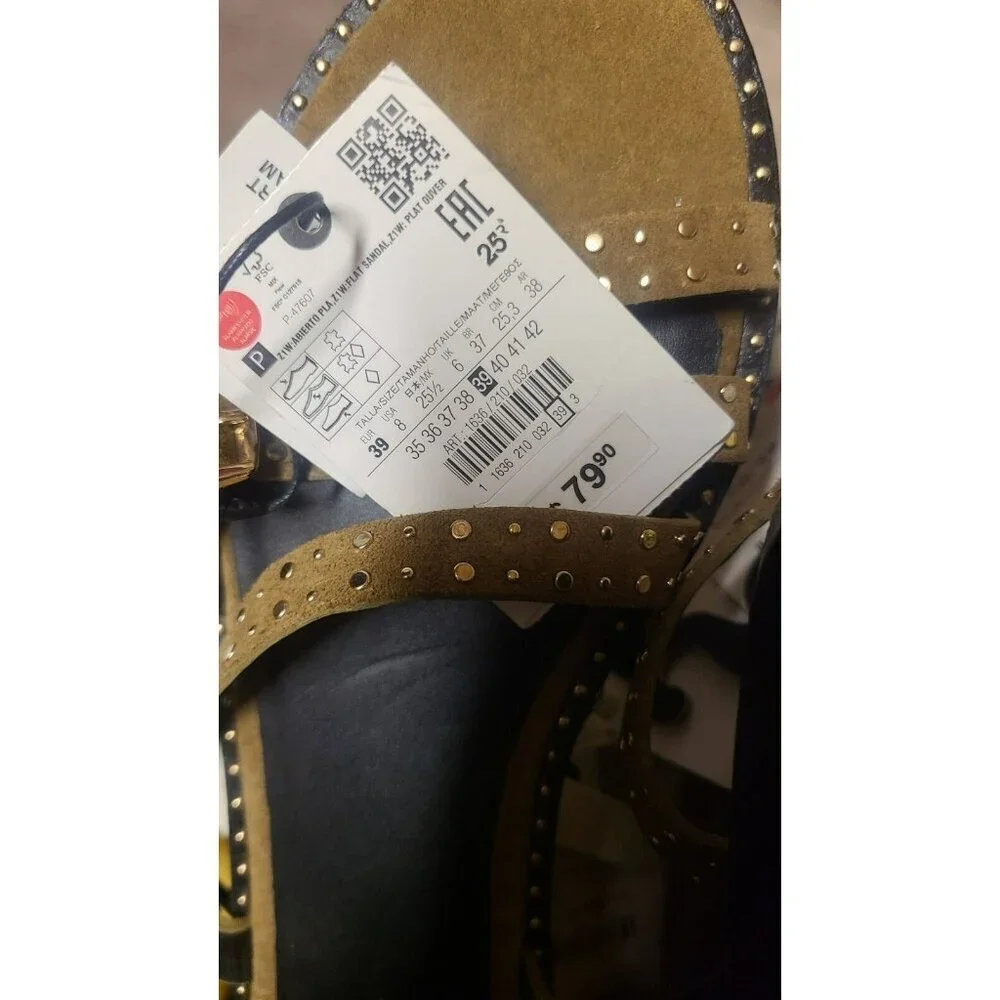 Zara Khaki Leather Flat Sandals. NWT. Size U.S. 8/EU 39 1636 210 MSPR $80 - Picture 2 of 2